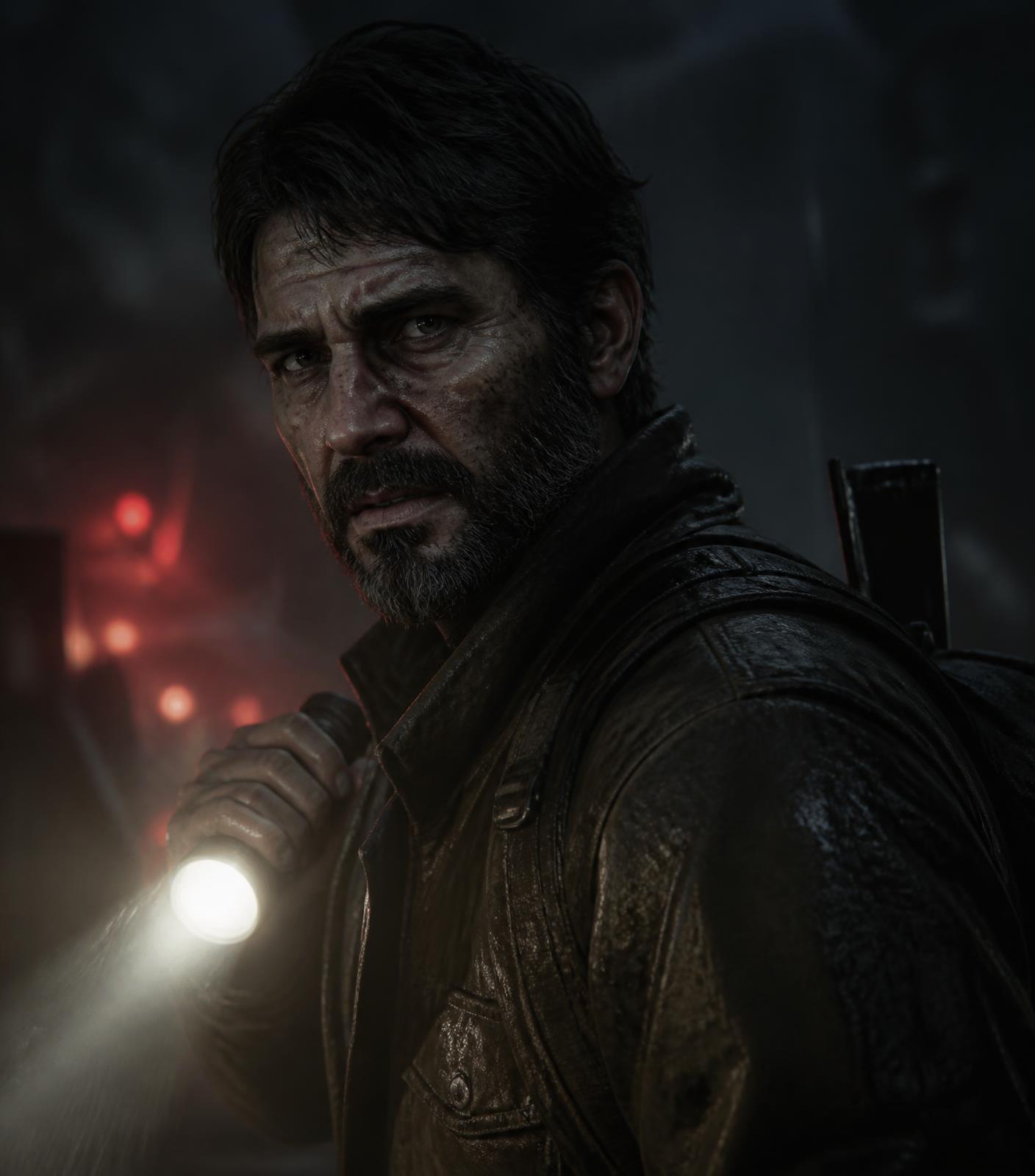Weathered survivor holding a flashlight in the rain