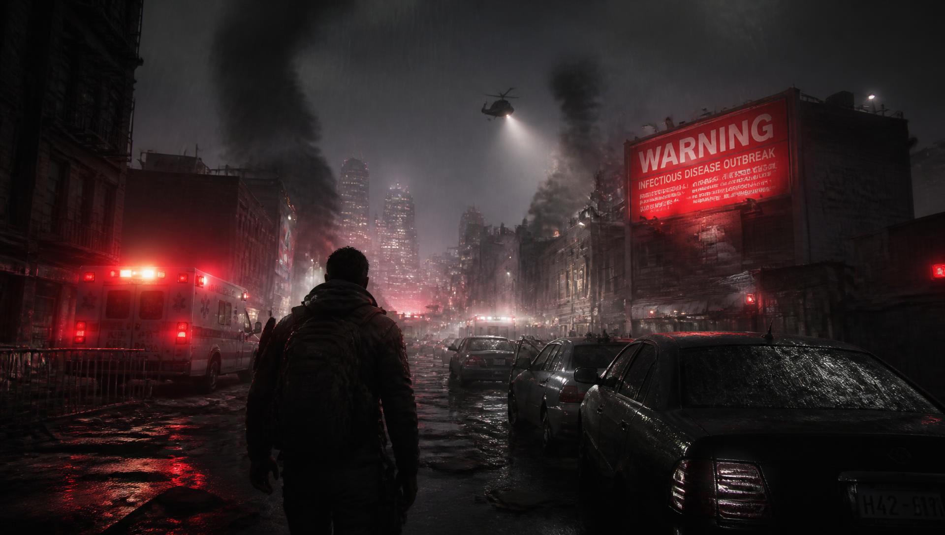 Rain-soaked city street collapsing during the first hours of the outbreak